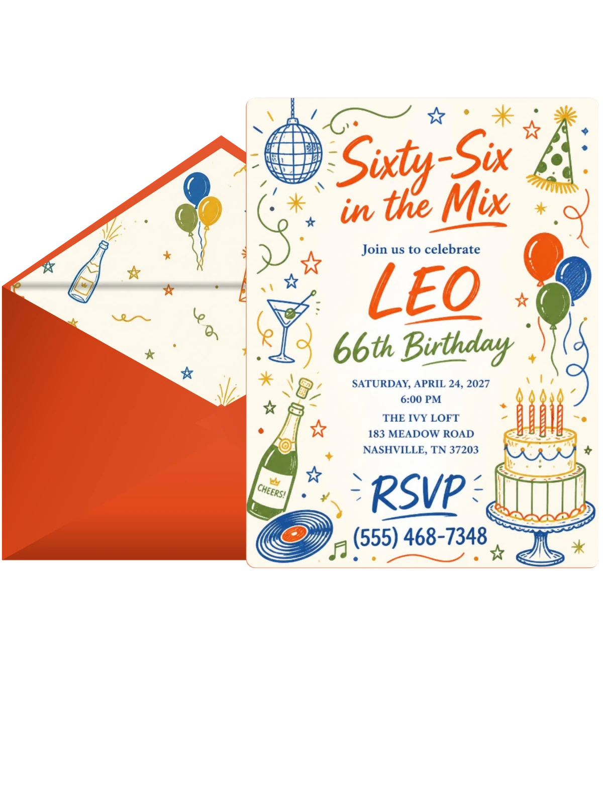 Retro Doodle 66th Birthday Invitation