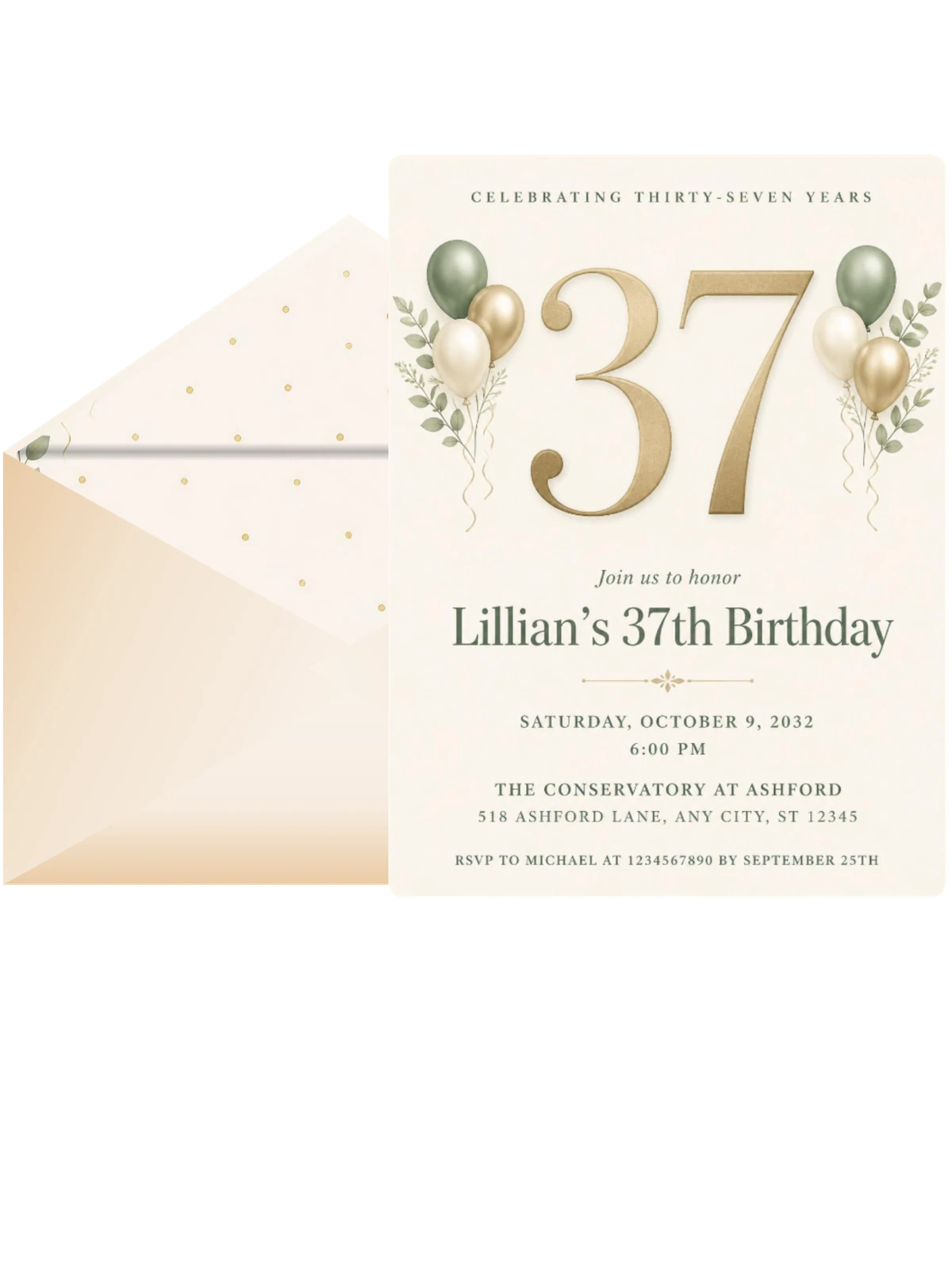 Sage and Ivory 37th Birthday Invitation