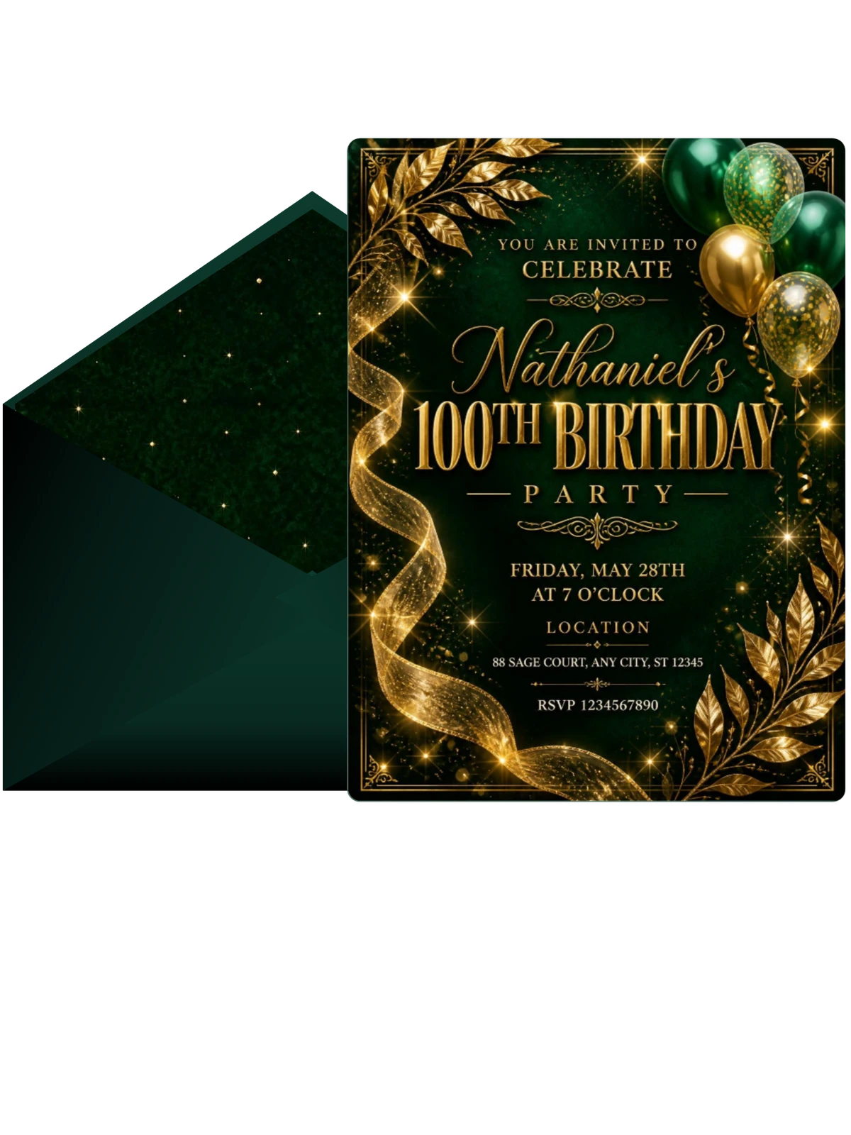 Emerald and Champagne 100th Birthday Invitation