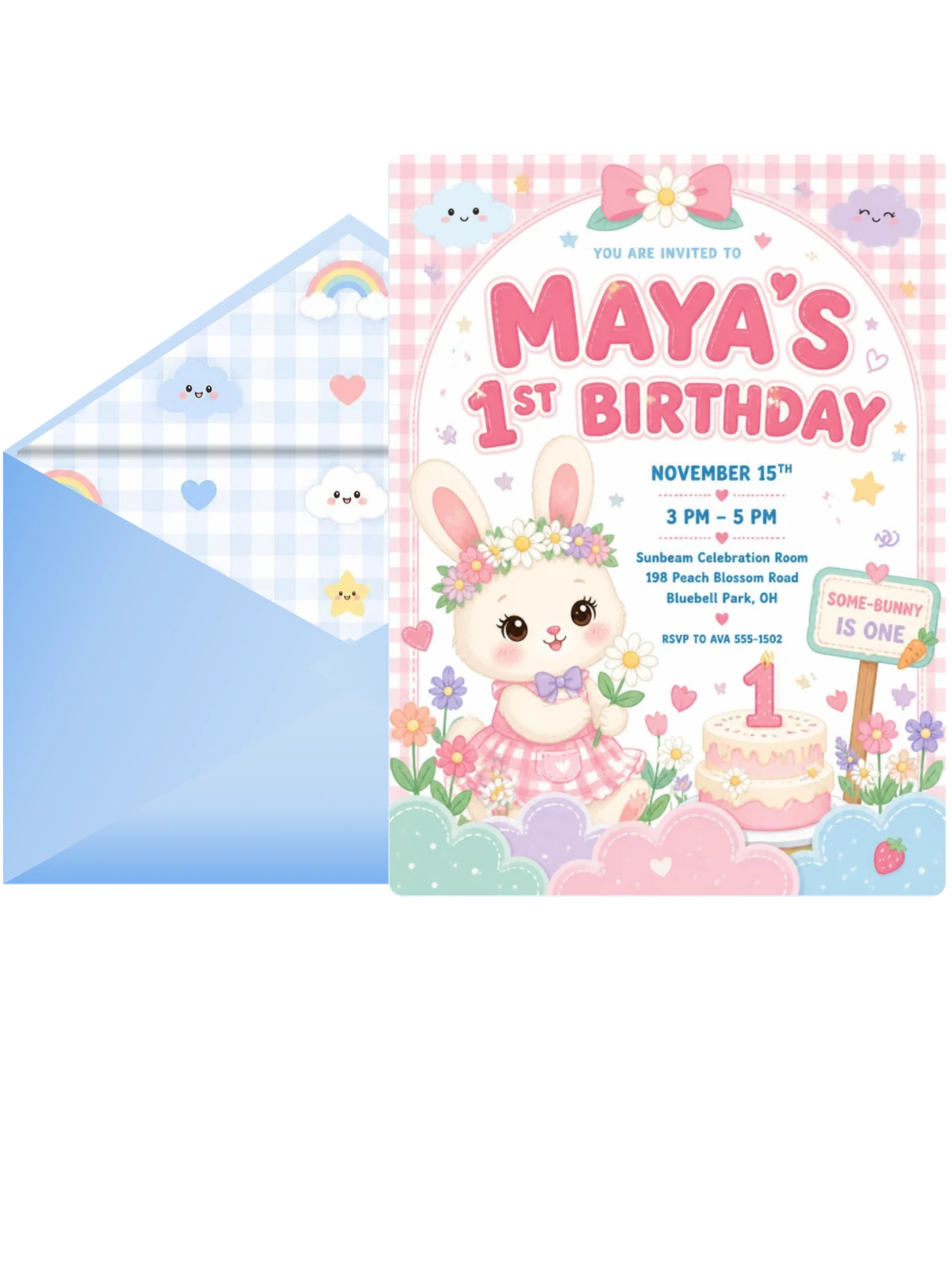 Kawaii Bunny Garden 1st Birthday Invitation