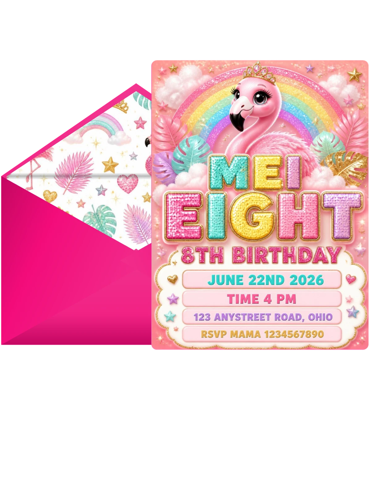 Glitter Flamingo 8th Birthday Invitation