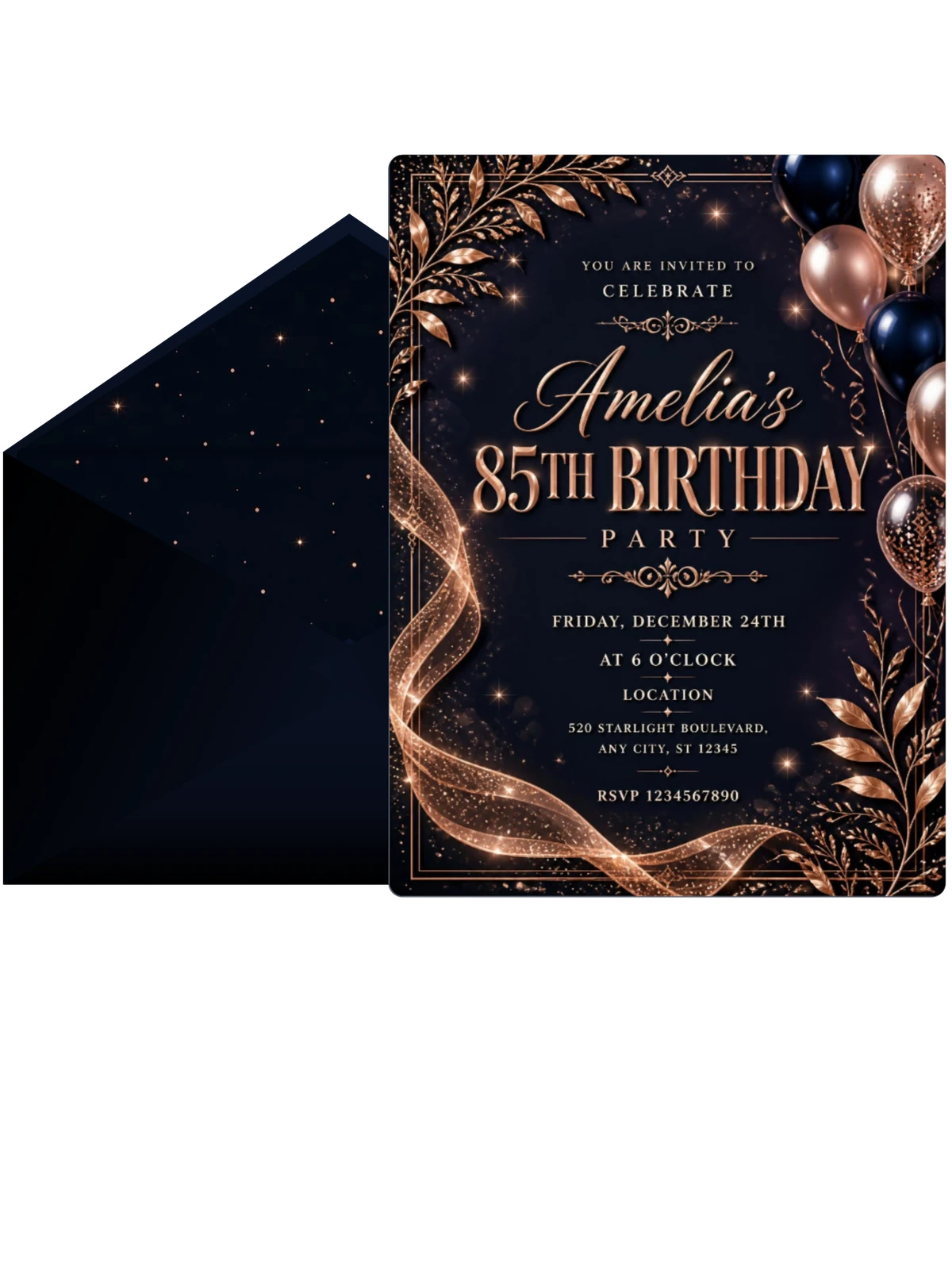 Navy and Rose Gold 85th Birthday Invitation