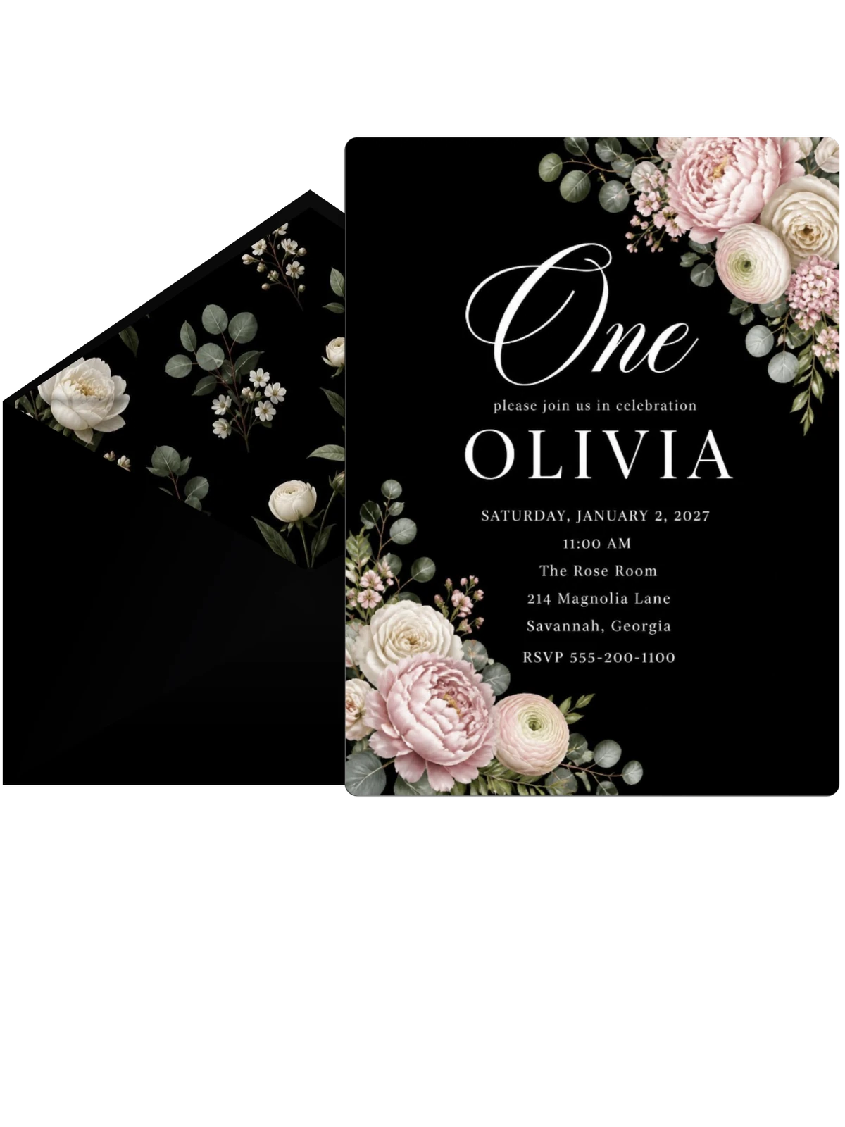 Black Floral 1st Birthday Invitation