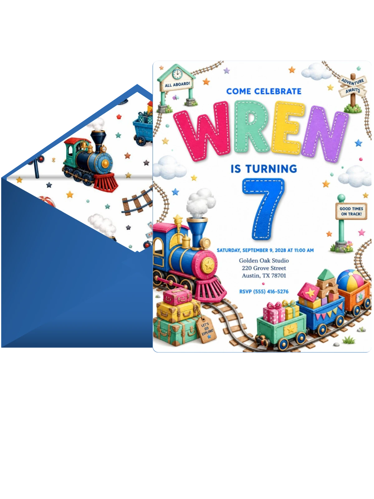 Stitched Train 7th Birthday Invitation