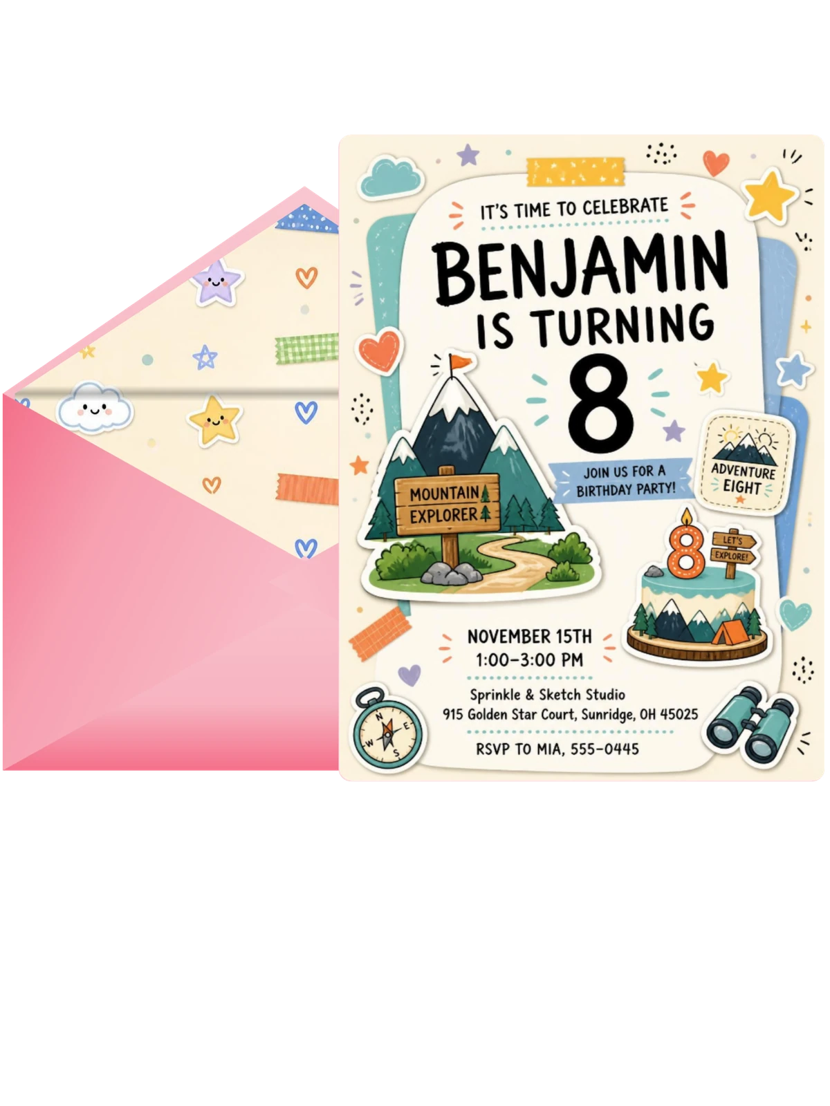 Pastel Mountain Explorer 8th Birthday Invitation