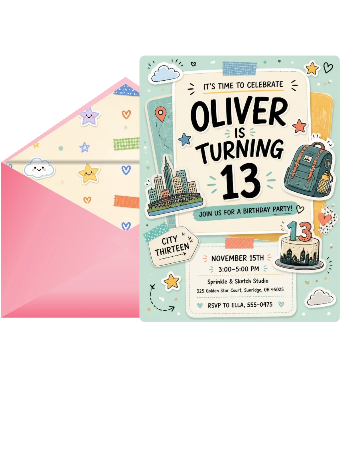 City Skyline Pastel 13th Birthday Invitation