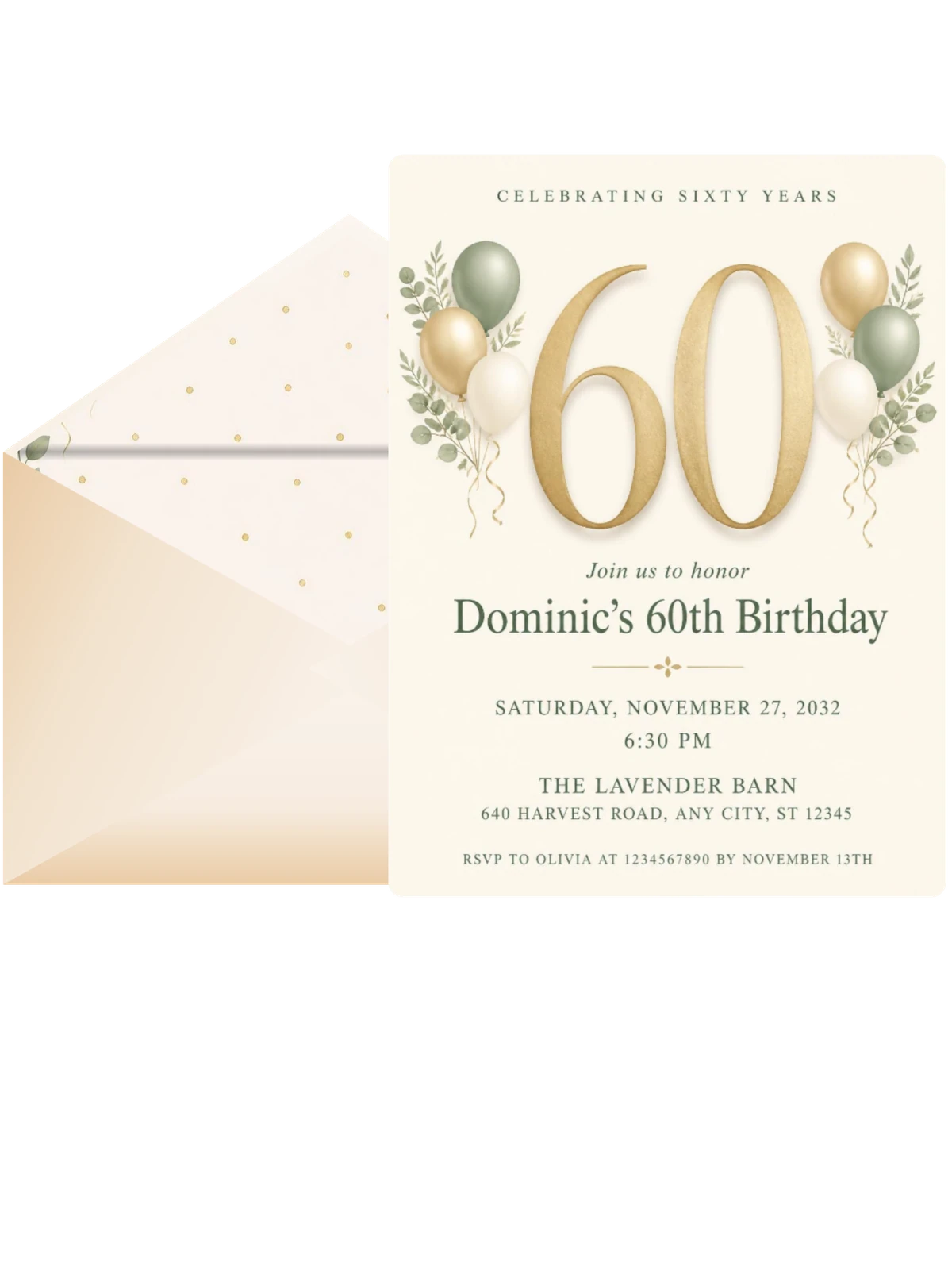 Sage and Ivory 60th Birthday Invitation
