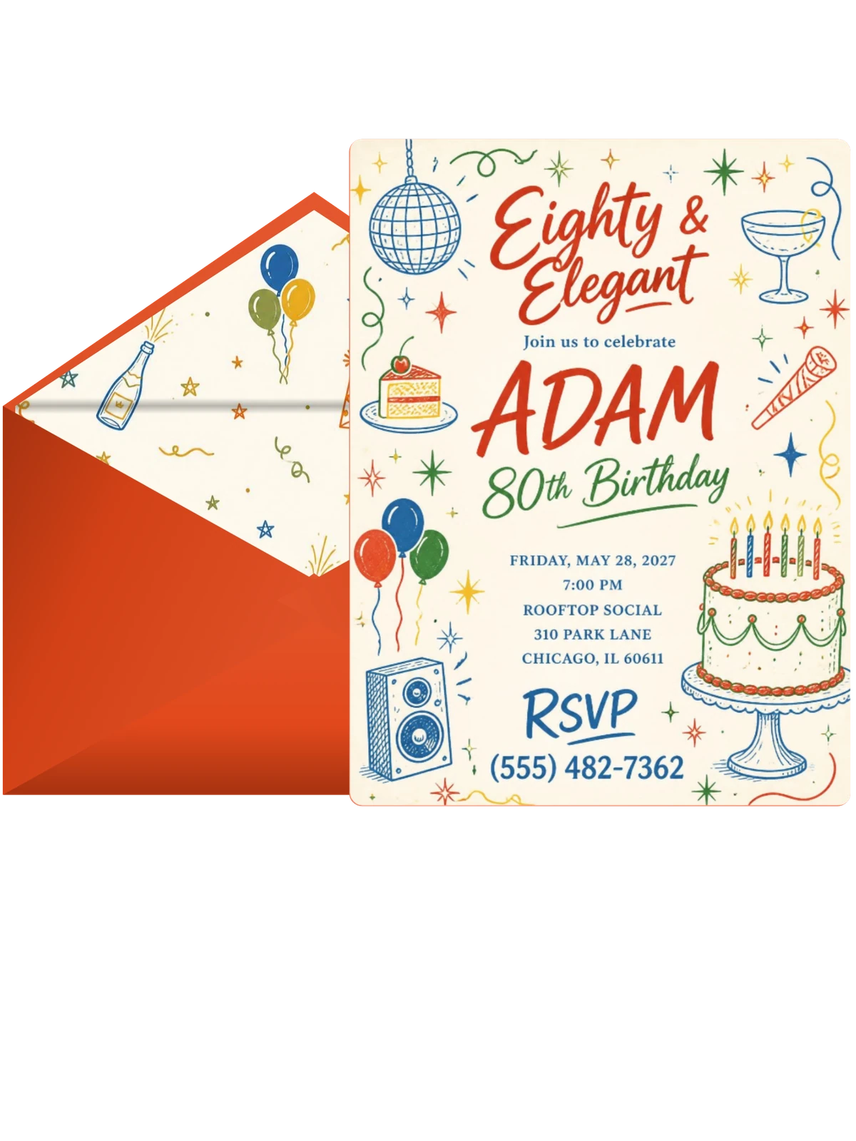 Retro Doodle 80th Birthday Invitation