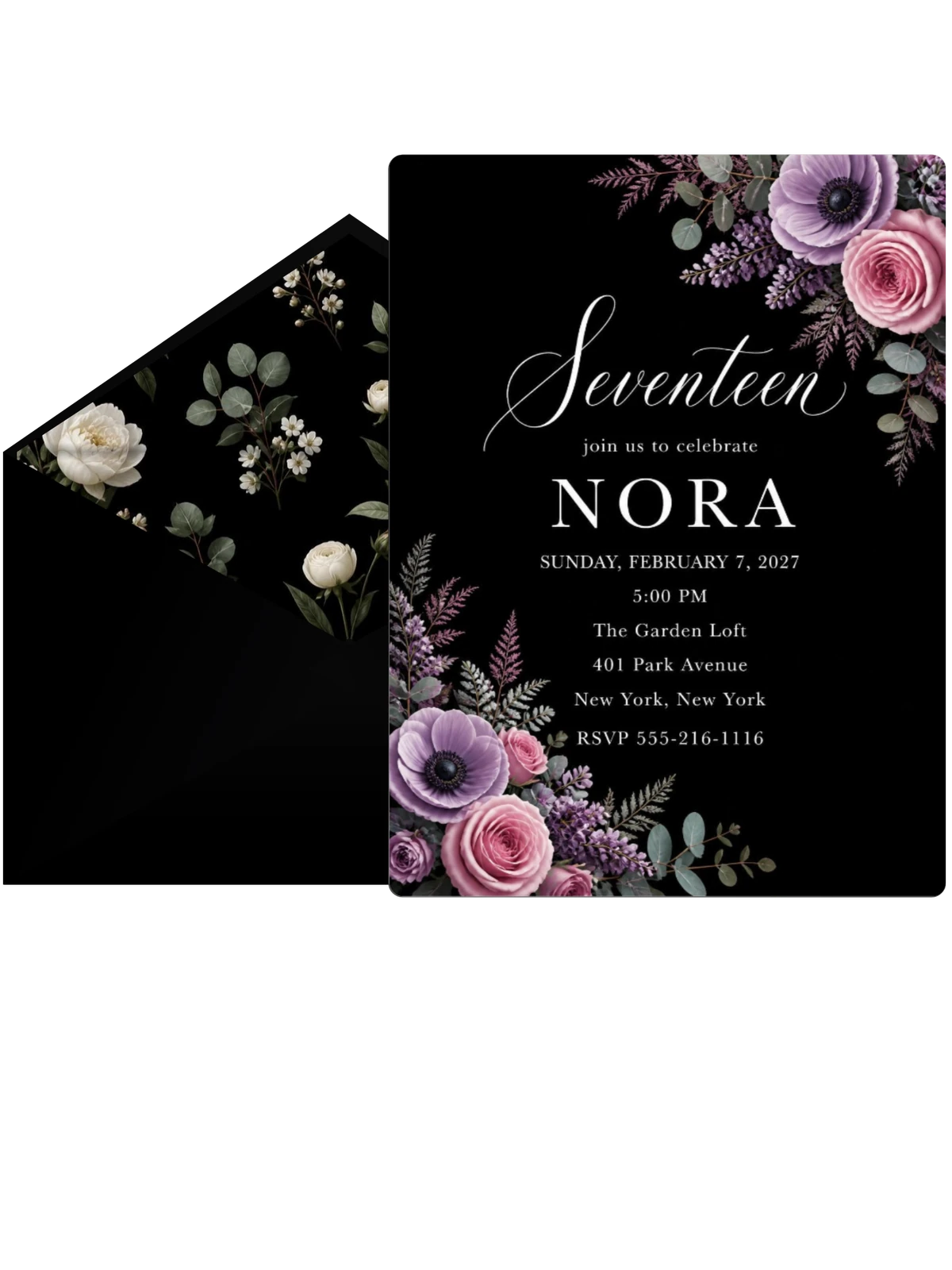 Black Floral 17th Birthday Invitation