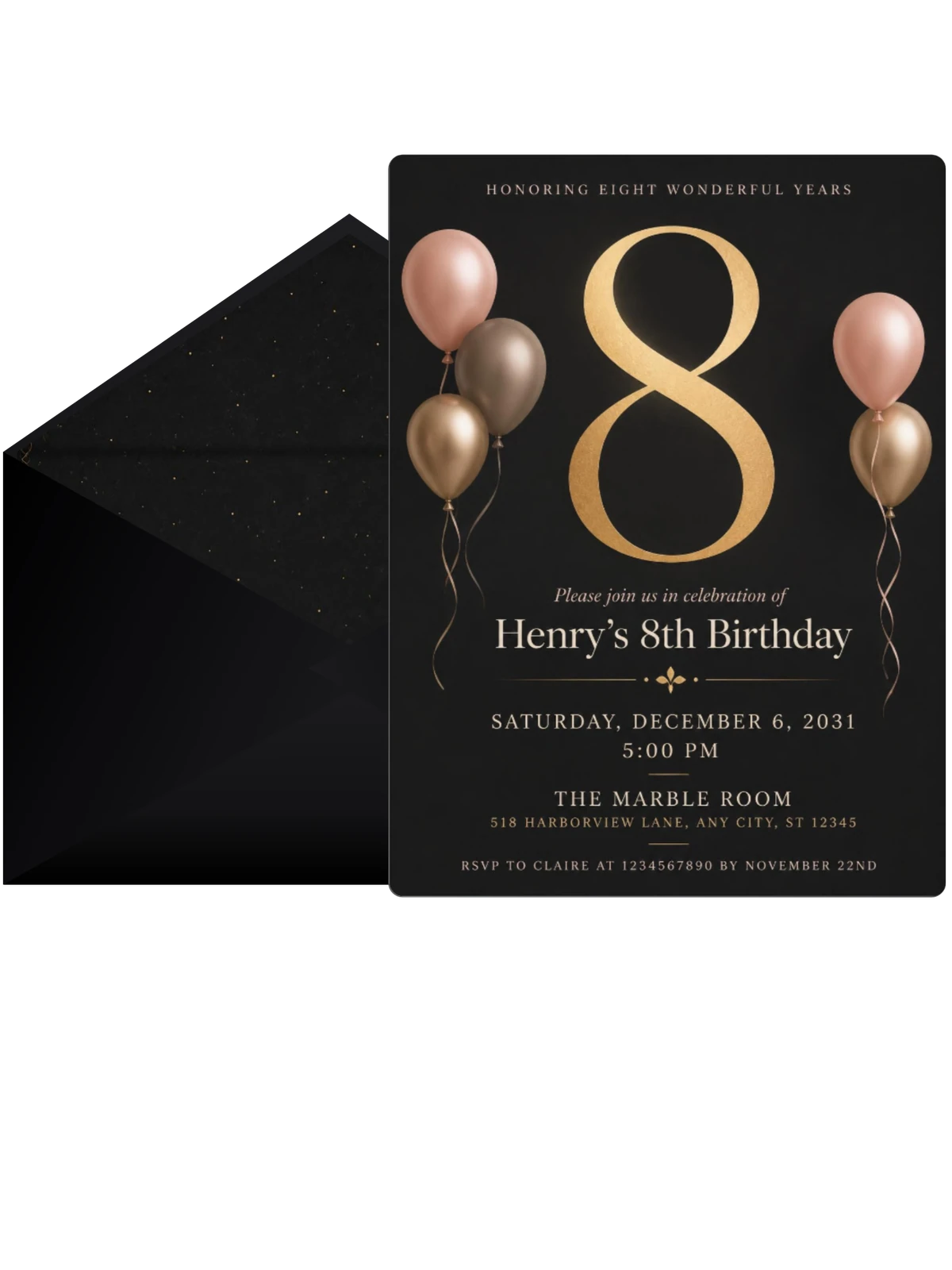 Charcoal and Blush 8th Birthday Invitation