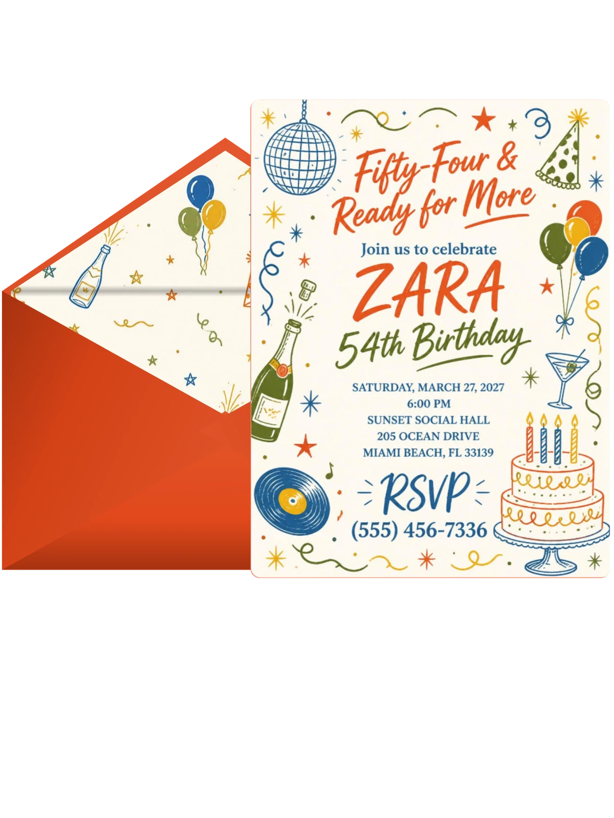 Retro Doodle 54th Birthday Invitation