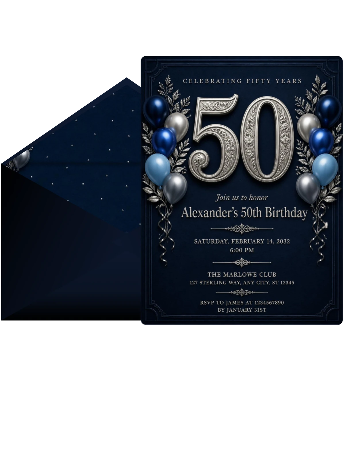 Navy Silver Embossed 50th Birthday Invitation