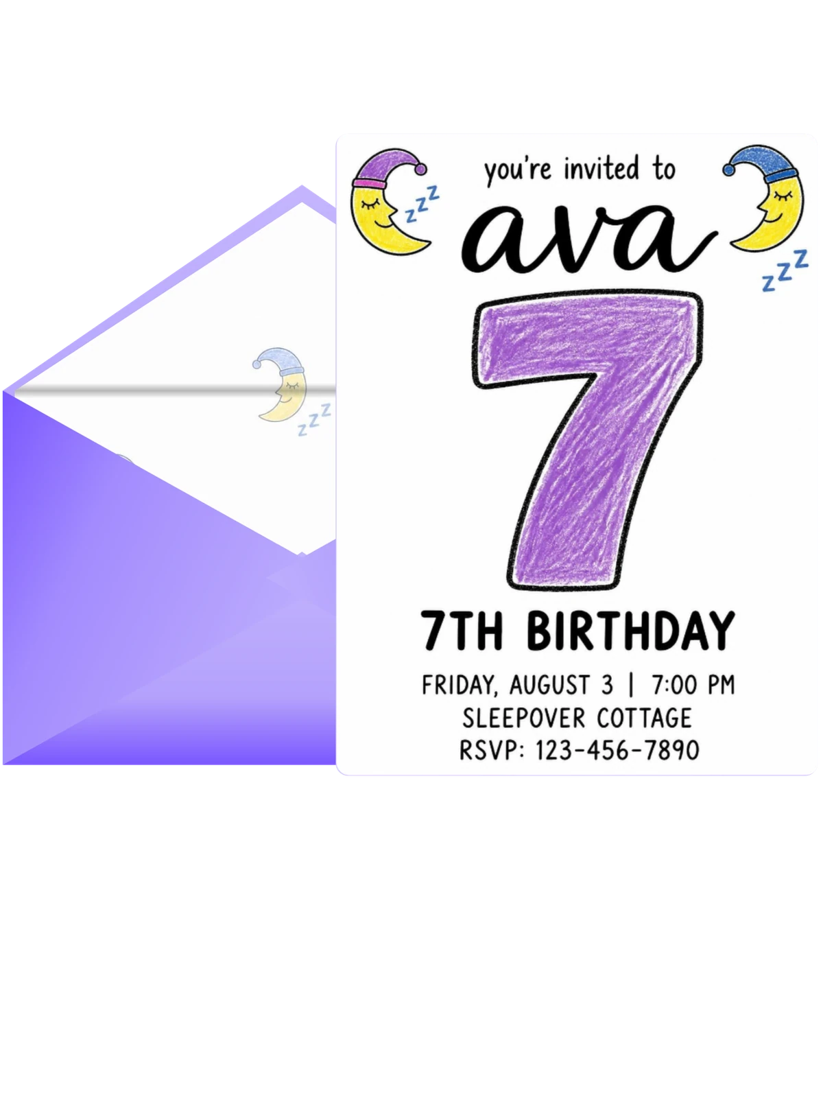 Crayon Moon Sleepover 7th Birthday Invitation