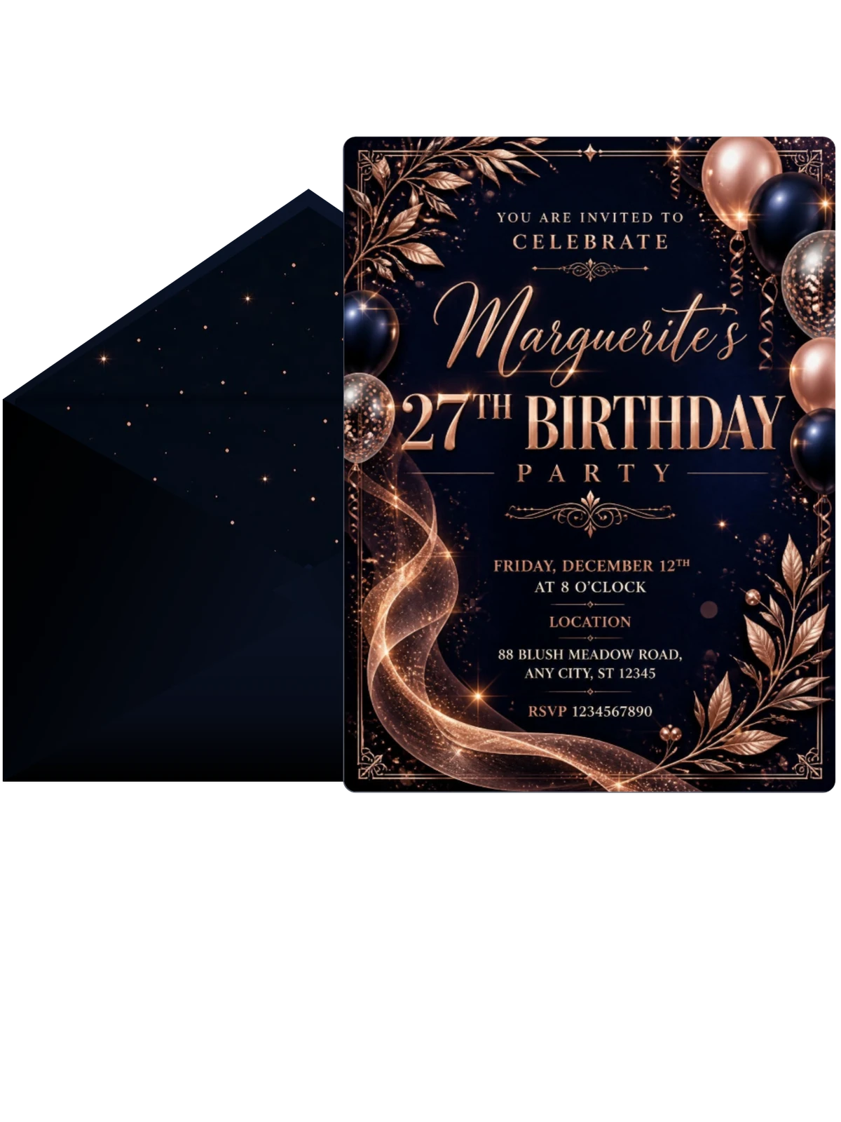 Navy and Rose Gold 27th Birthday Invitation