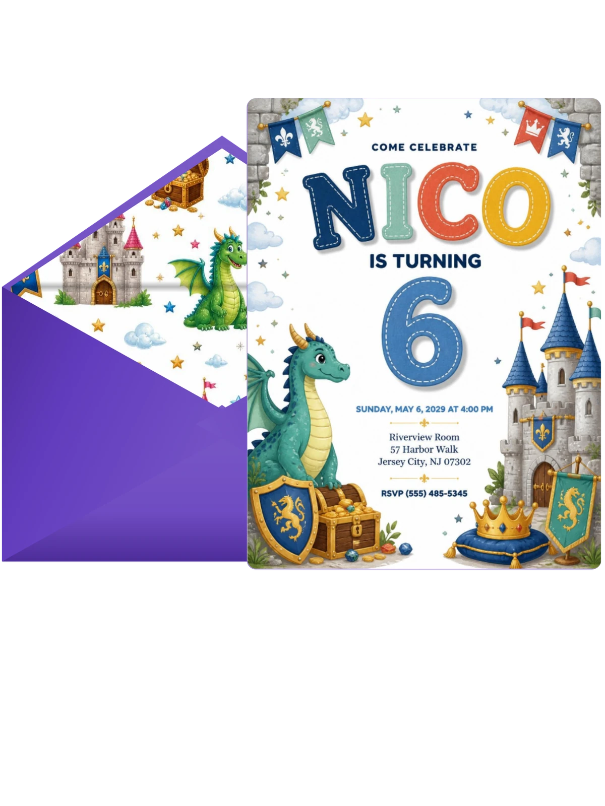 Stitched Dragon Castle 6th Birthday Invitation
