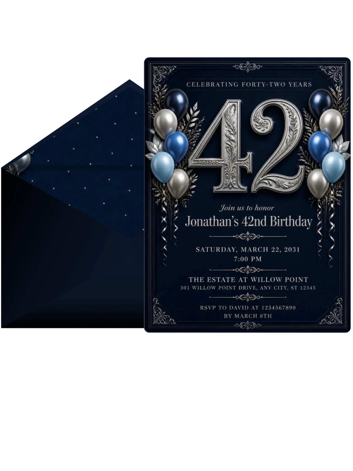 Navy and Silver 42nd Birthday Invitation