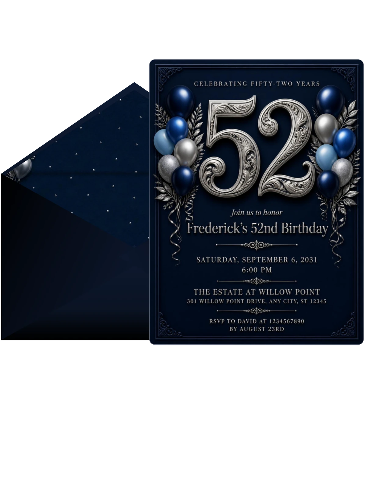 Navy and Silver 52nd Birthday Invitation