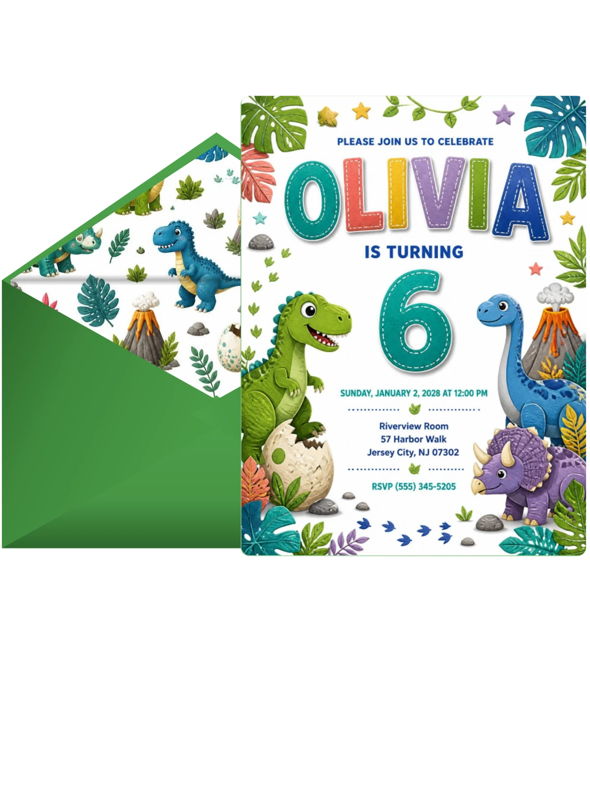 Stitched Dinosaur 6th Birthday Invitation