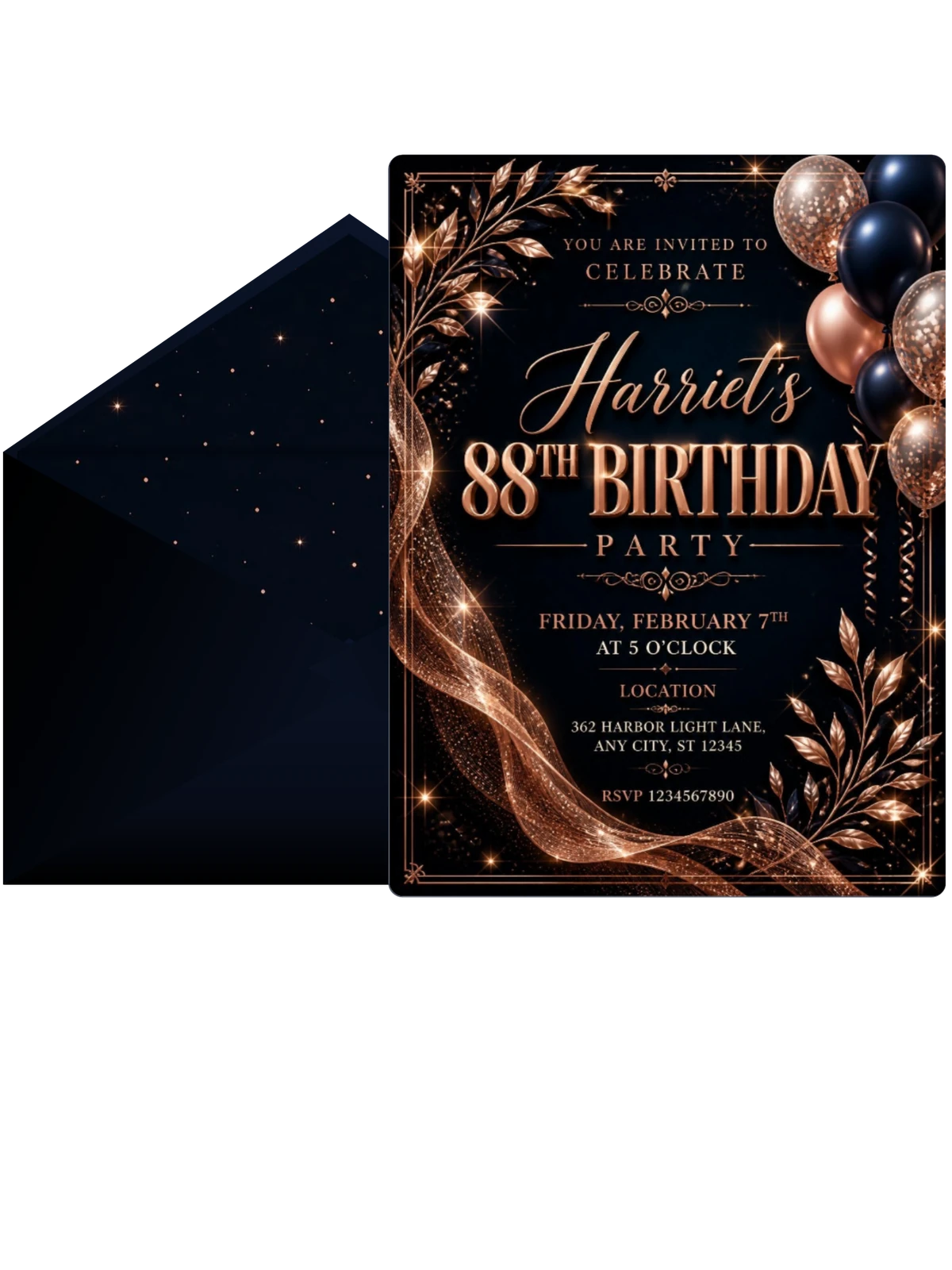 Navy and Rose Gold 88th Birthday Invitation