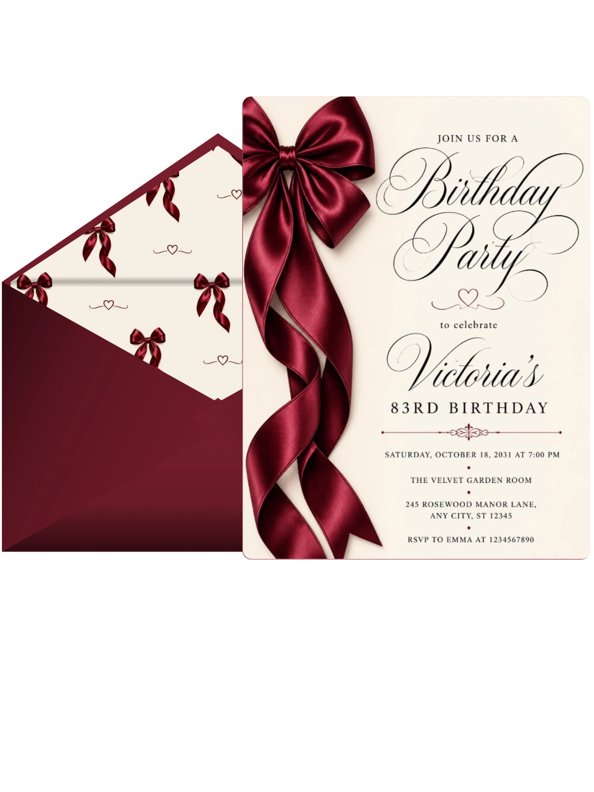 Burgundy Satin Bow 83rd Birthday Invitation
