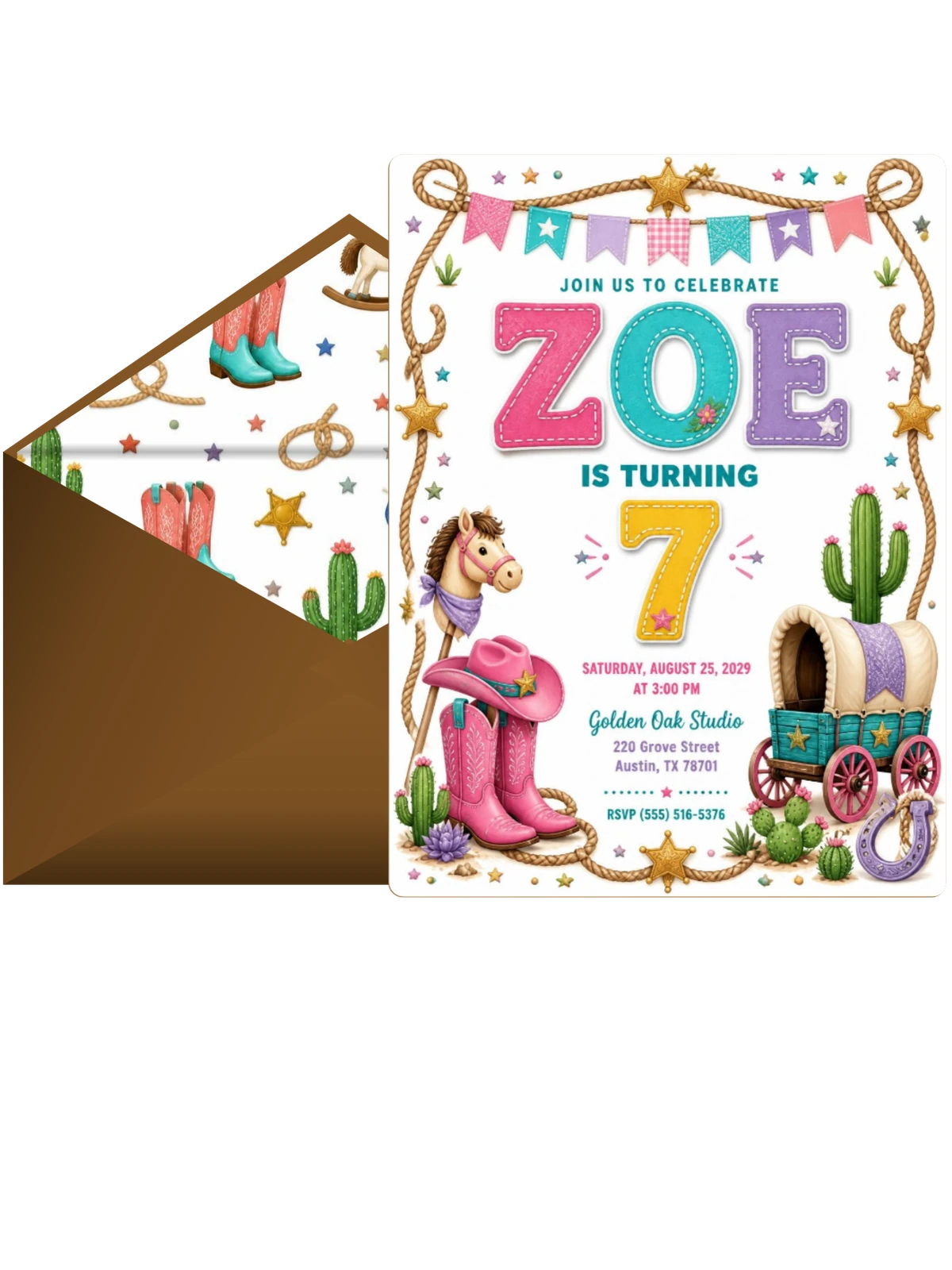 Stitched Cowboy 7th Birthday Invitation