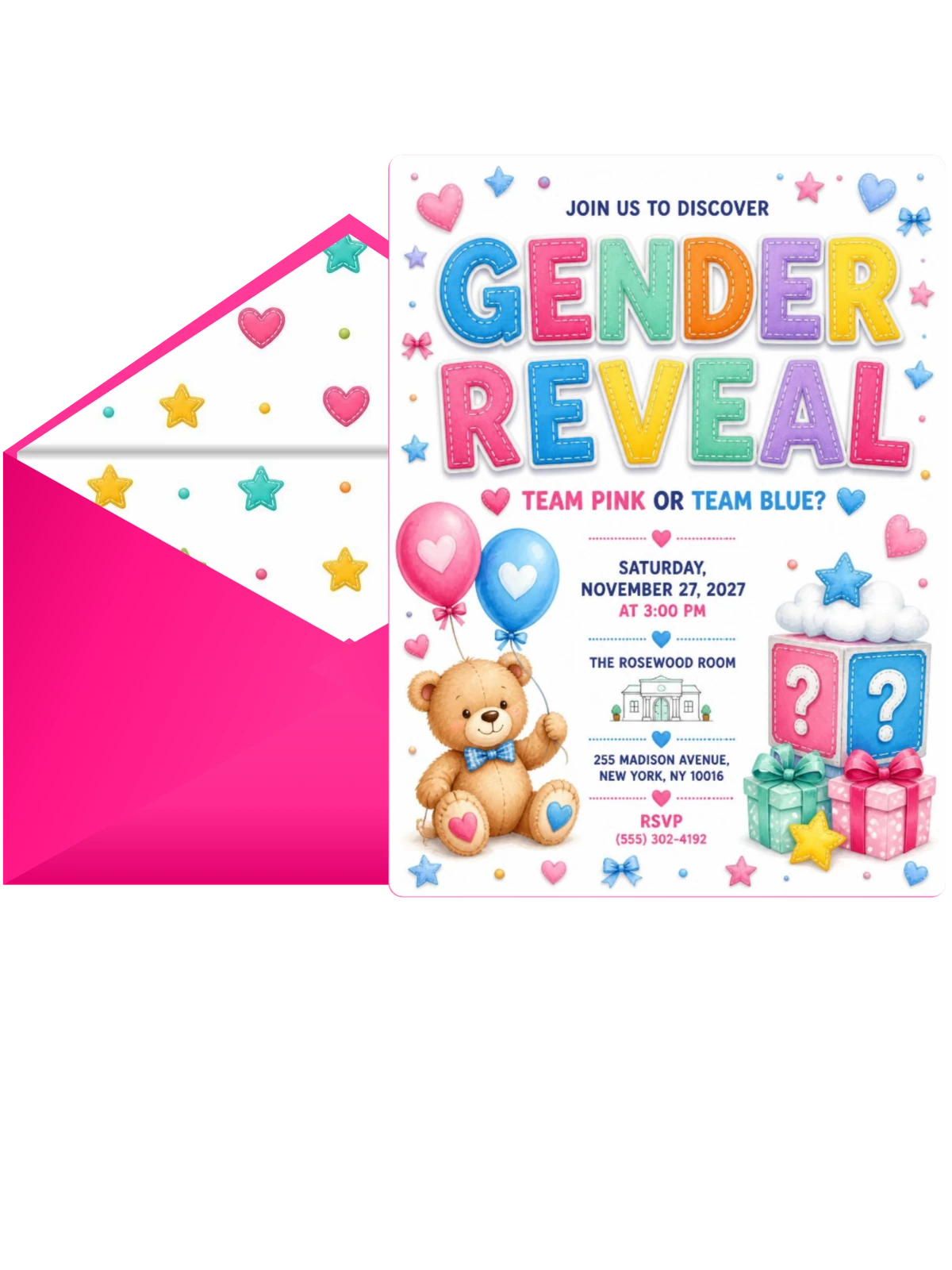 Stitched Teddy Bear Gender Reveal Invitation
