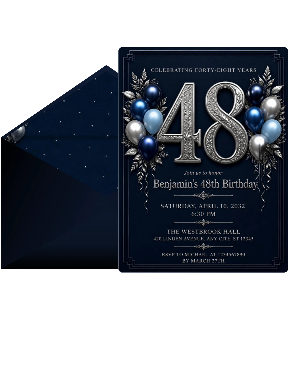 Navy and Silver 48th Birthday Invitation