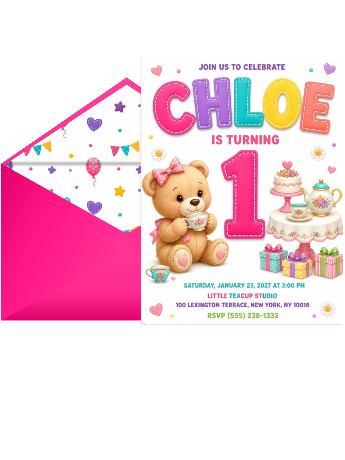 Stitched Teddy Bear Tea Party 1st Birthday Invitation