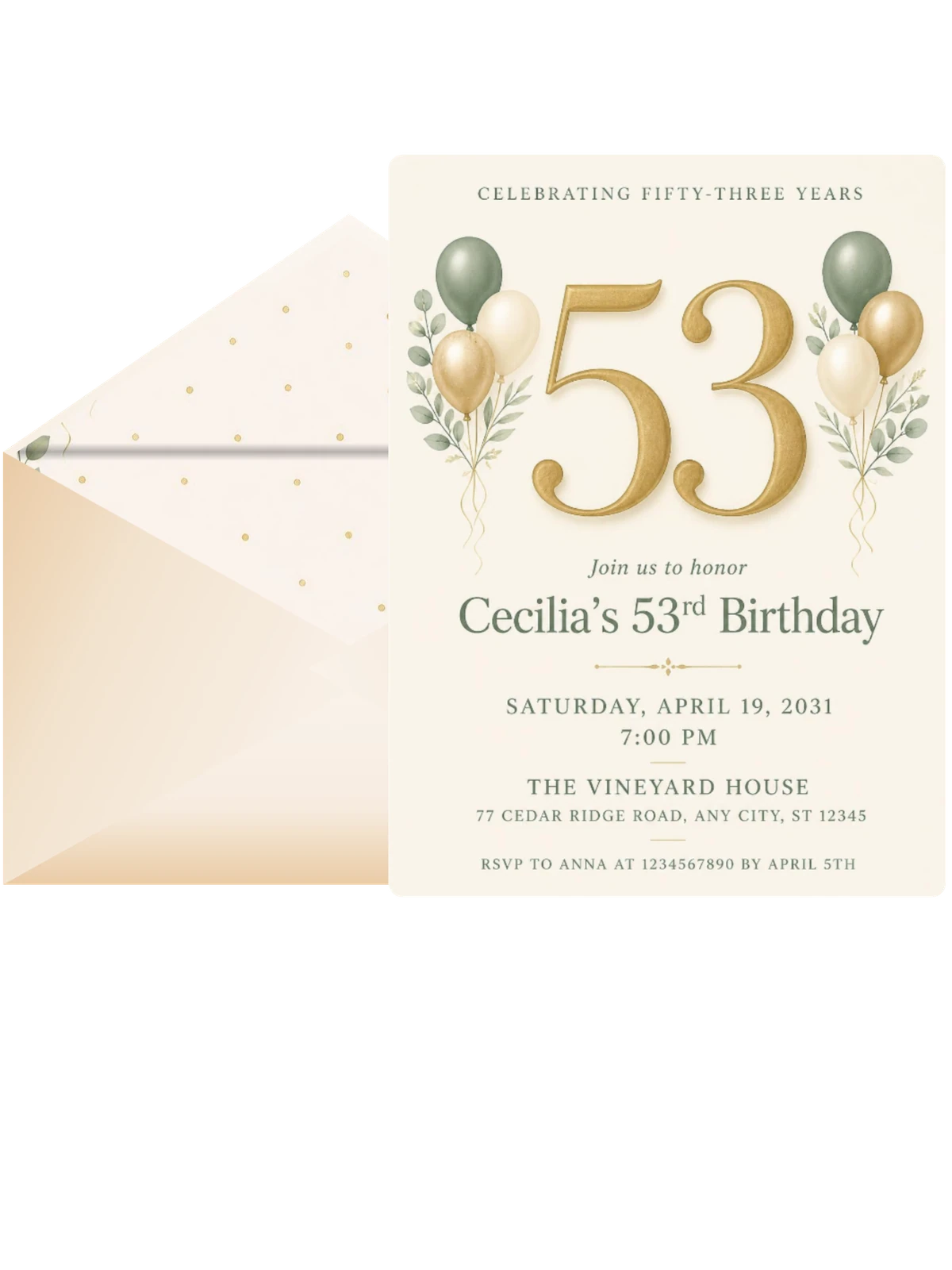 Sage and Ivory 53rd Birthday Invitation