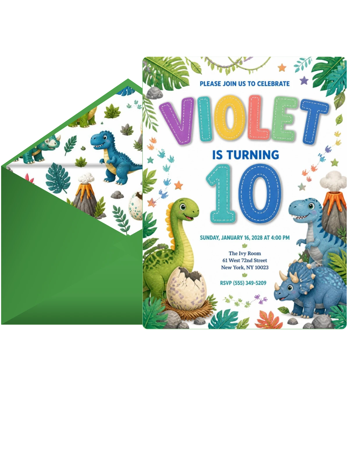 Stitched Dinosaur 10th Birthday Invitation