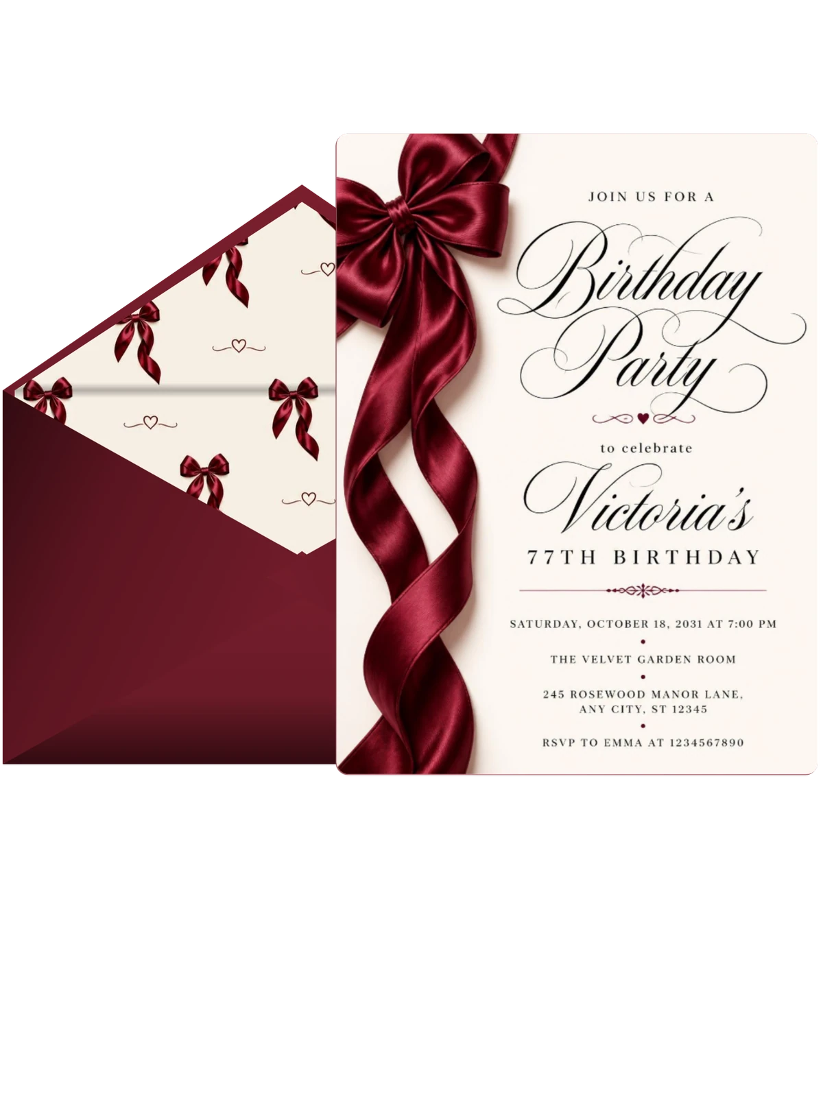 Burgundy Satin Bow 77th Birthday Invitation