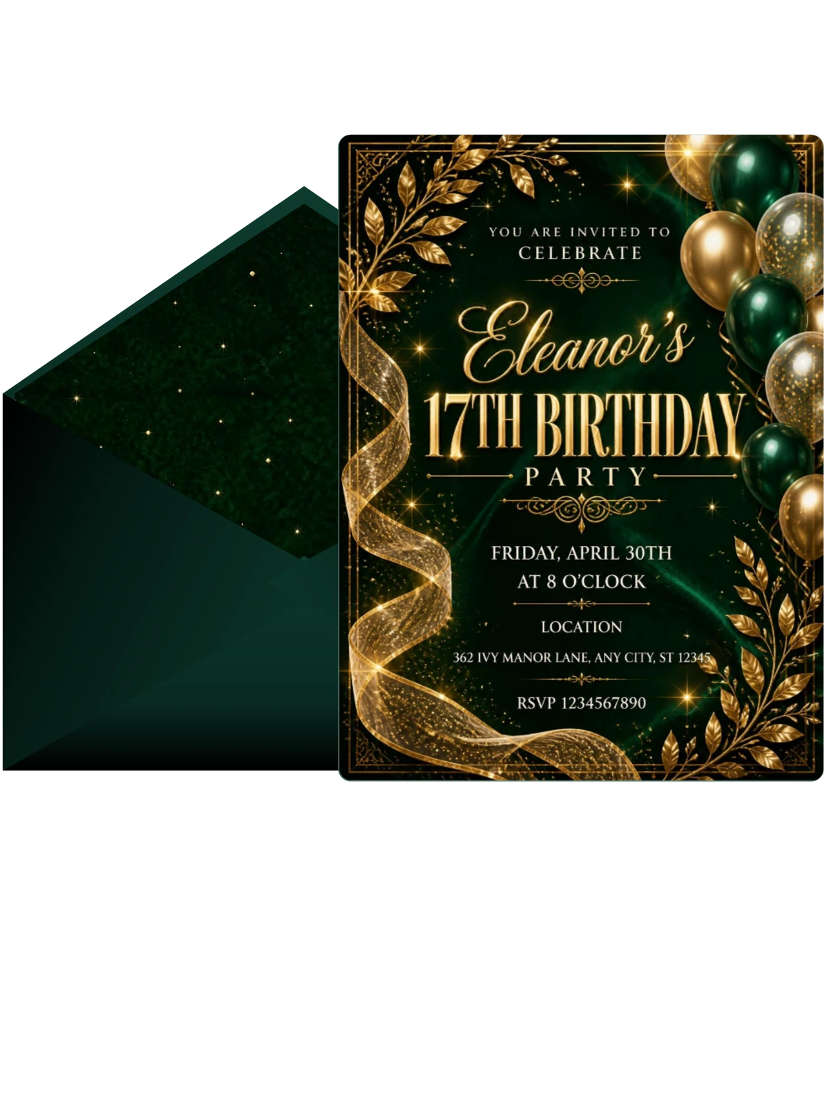 Emerald and Champagne 17th Birthday Invitation