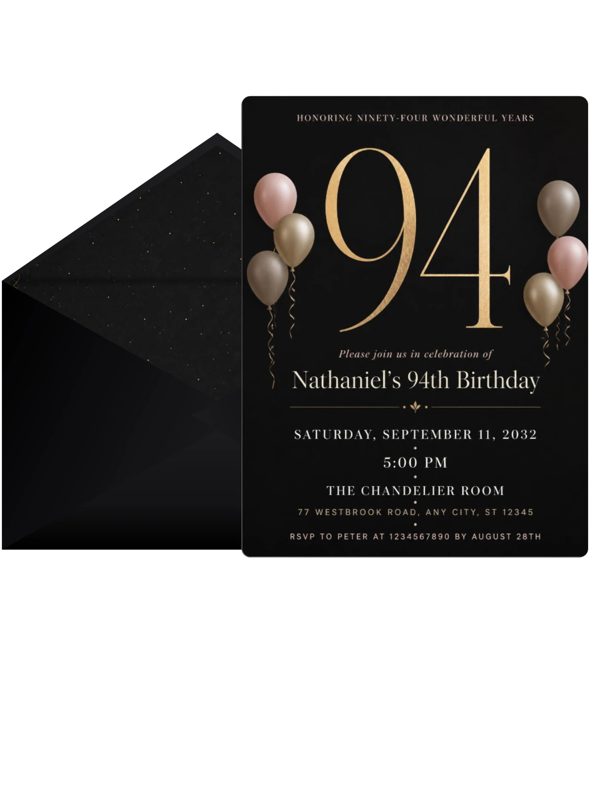 Charcoal and Blush 94th Birthday Invitation