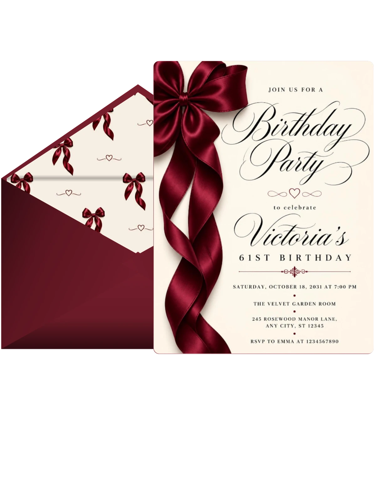 Burgundy Satin Bow 61st Birthday Invitation