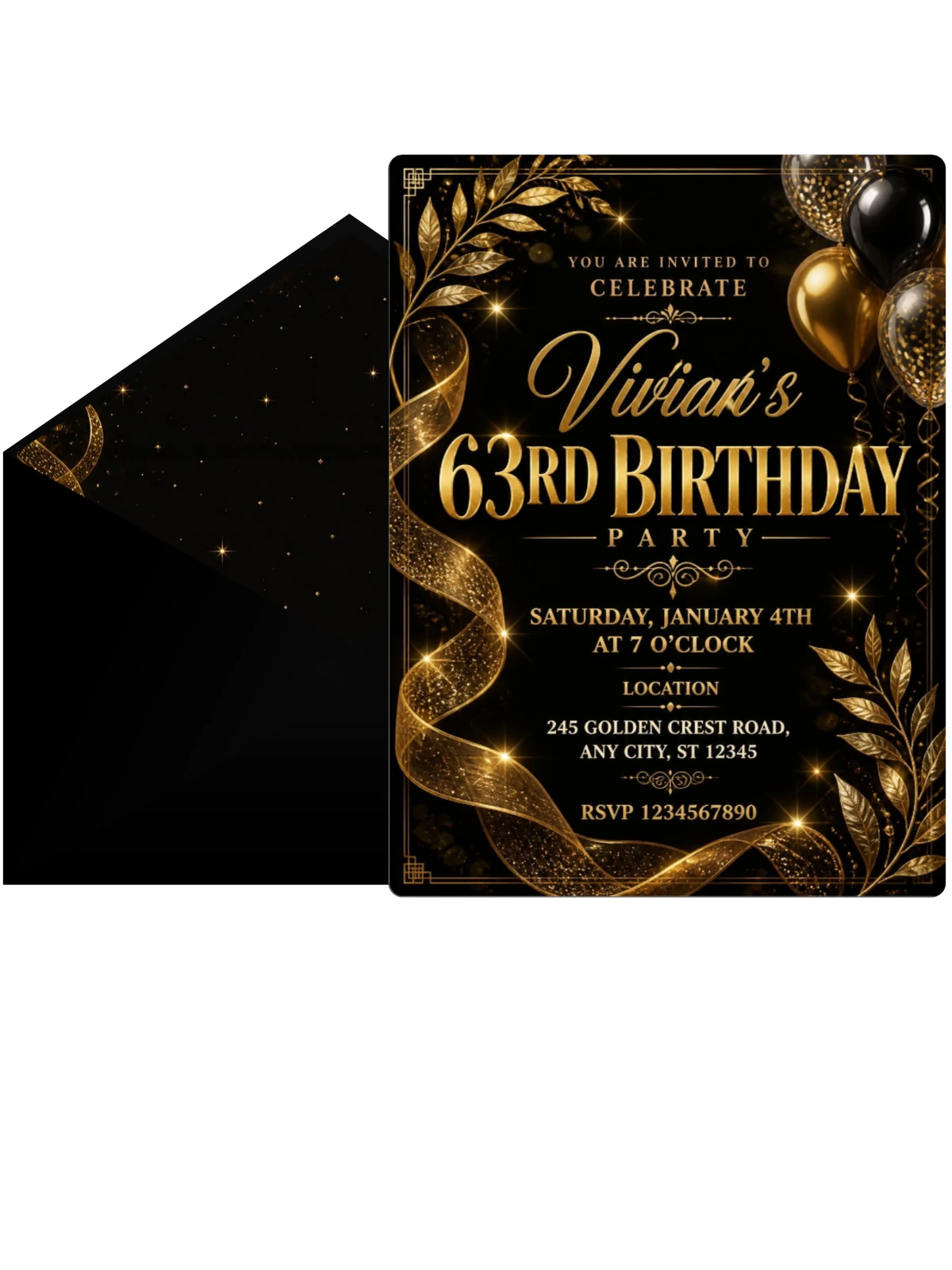 Black and Gold 63rd Birthday Invitation