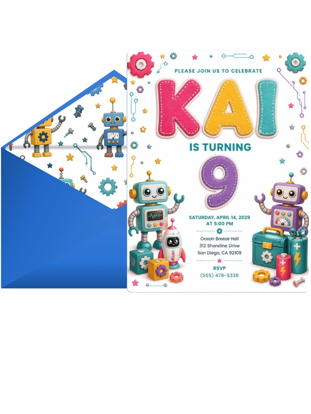 Stitched Robot 9th Birthday Invitation