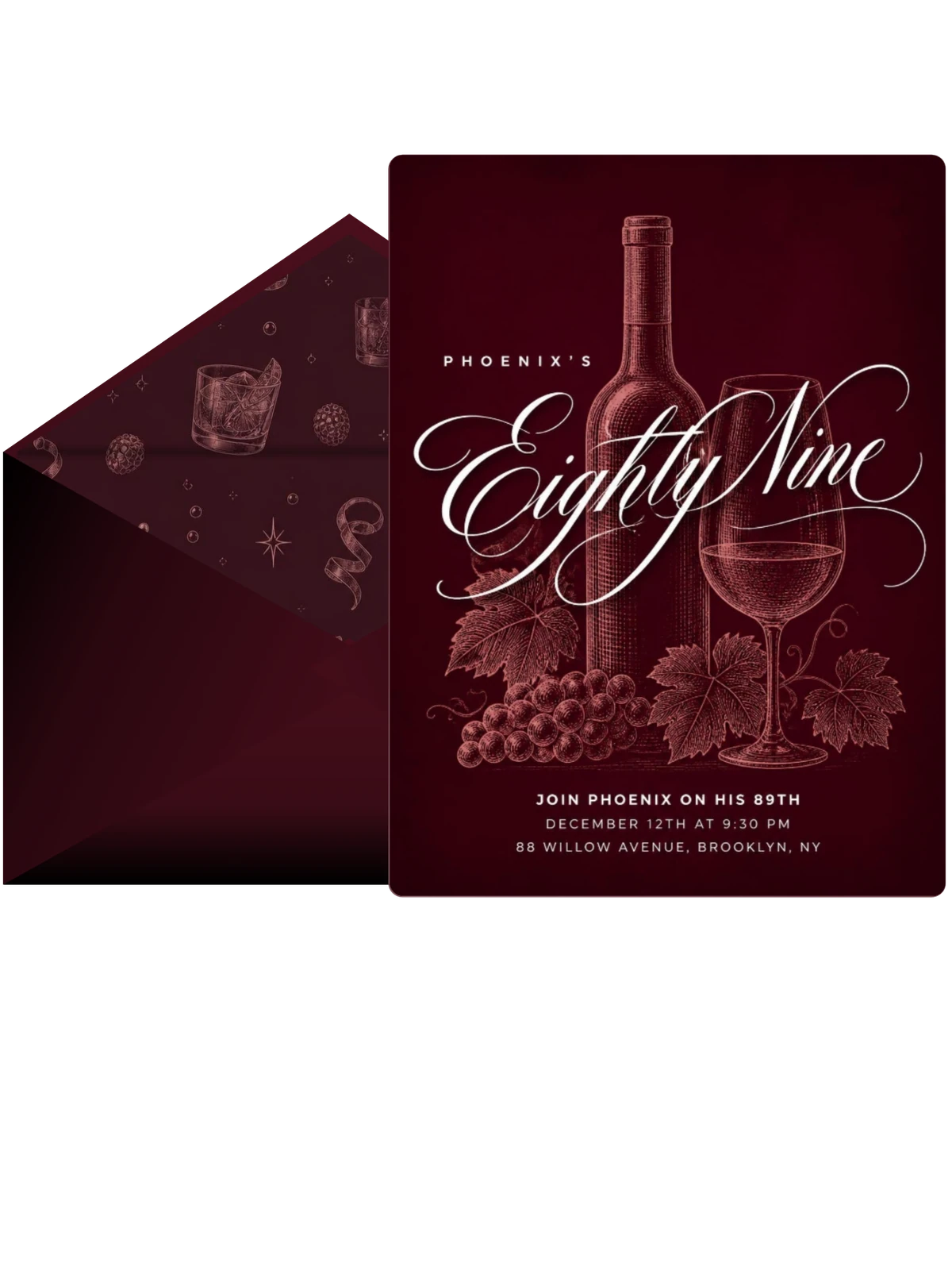 Burgundy Cocktail 89th Birthday Invitation