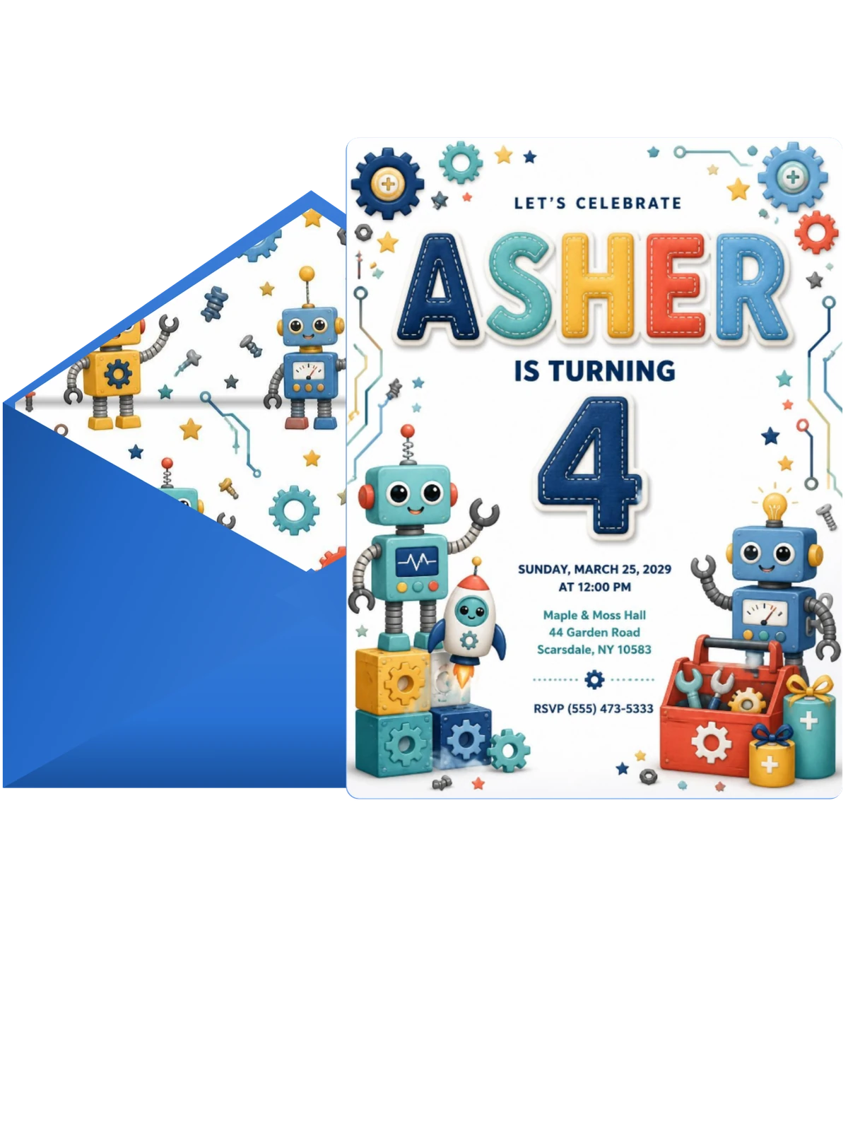 Stitched Robot 4th Birthday Invitation