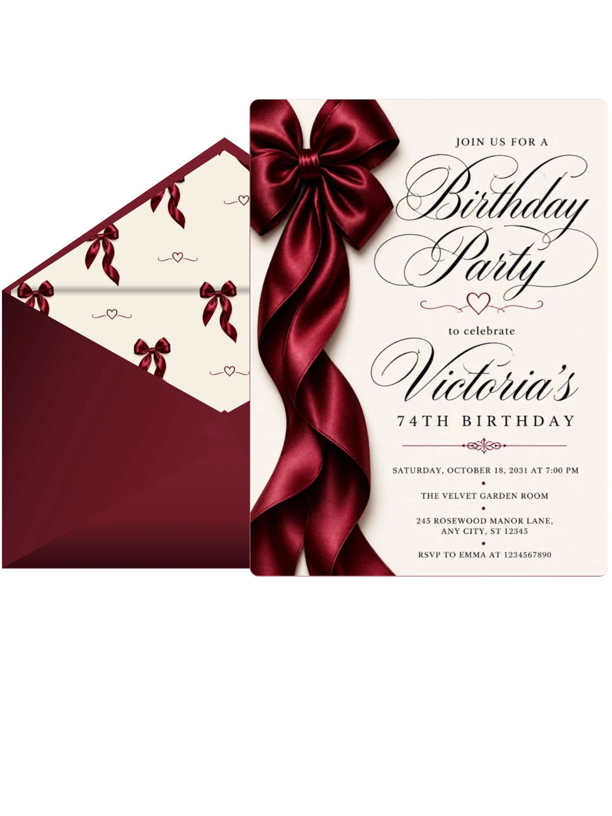 Burgundy Satin Bow 74th Birthday Invitation
