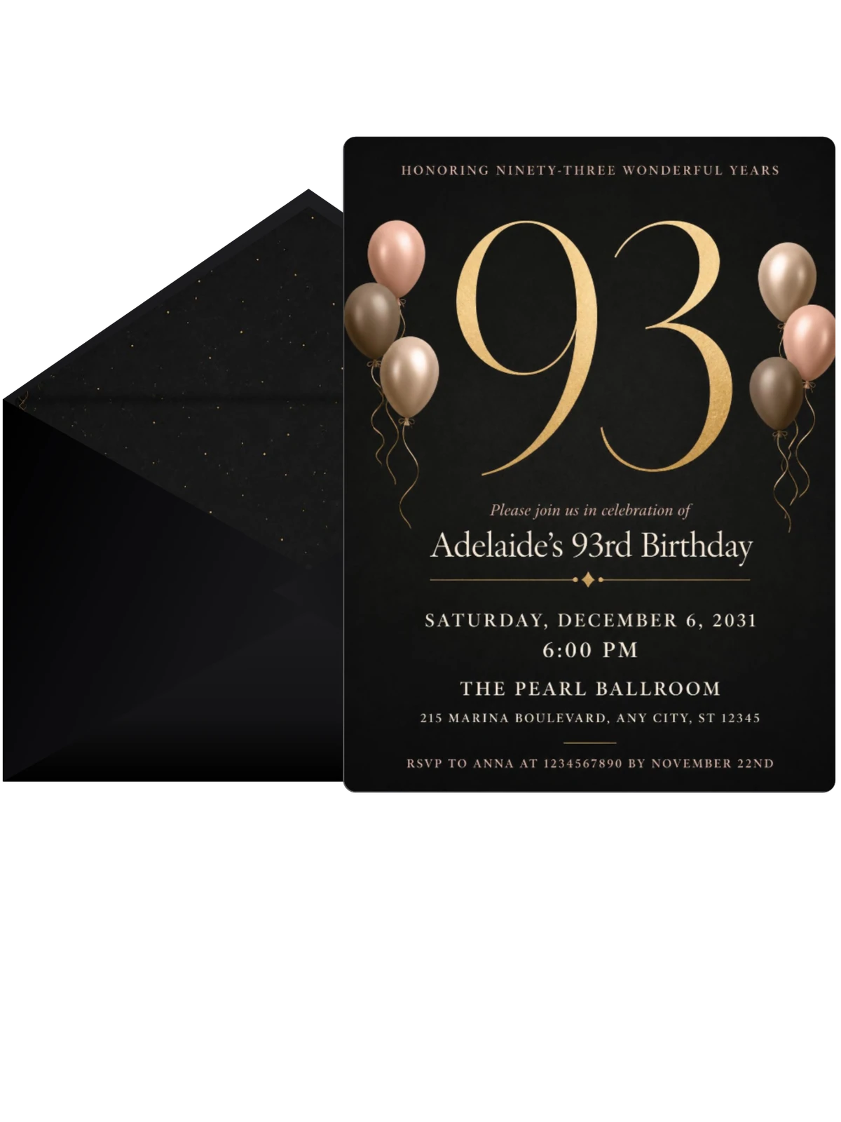 Charcoal and Blush 93rd Birthday Invitation