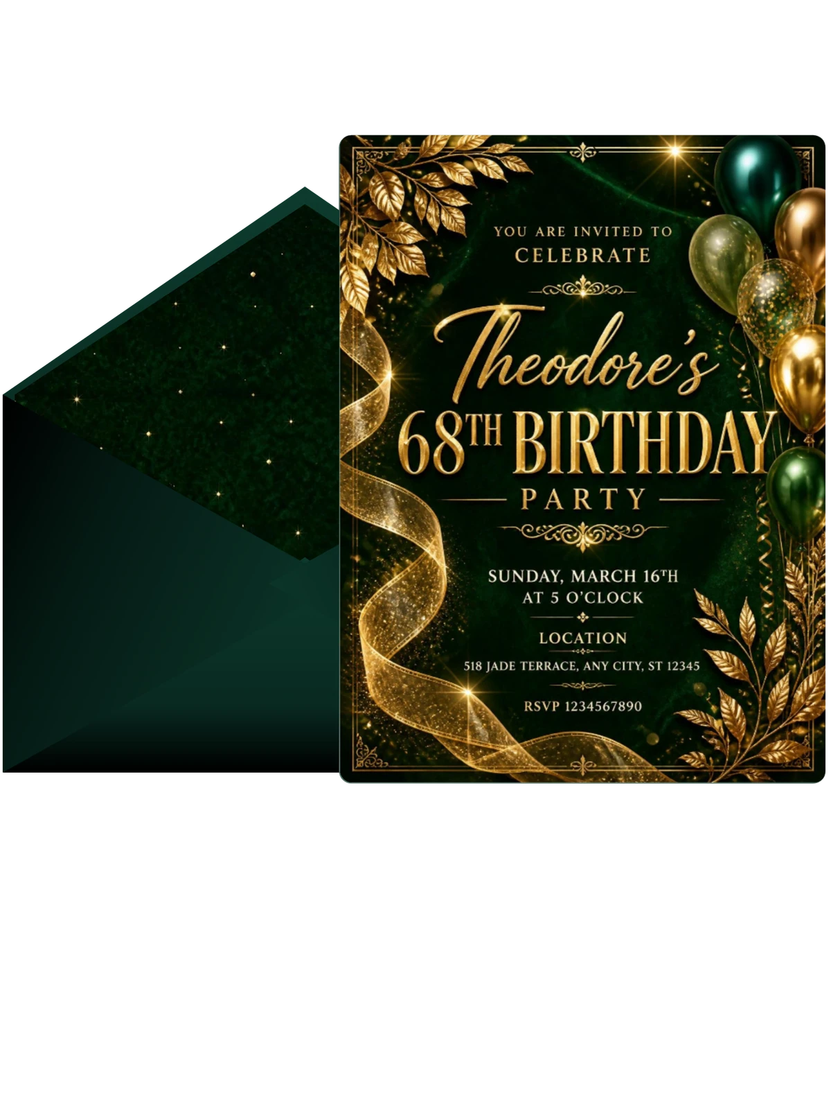 Emerald and Champagne 68th Birthday Invitation