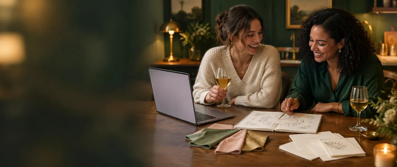 Two friends laughing as they plan a party together at a kitchen table, with a laptop, a table sketch and fabric swatches
