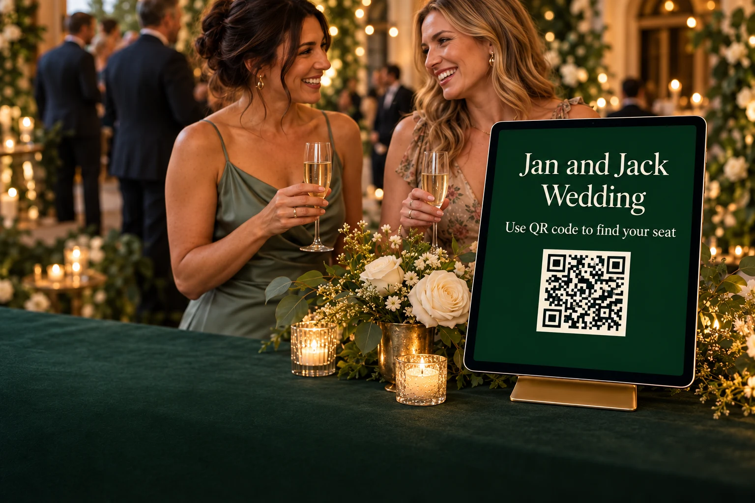 Two women toast with champagne beside a green iPad displaying Jan and Jack Wedding and a QR code to find your seat