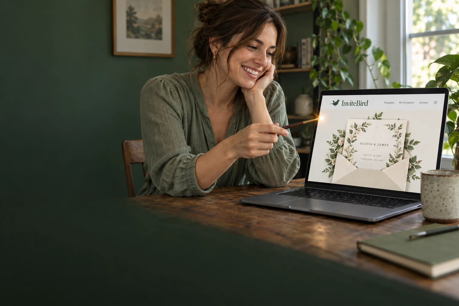 A smiling woman points a magic wand at an InviteBird laptop showing a botanical invitation and envelope