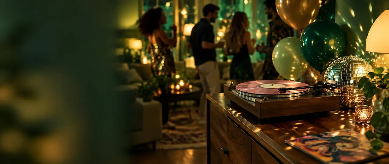 A turntable spinning a pink record beside a disco ball and balloons while friends dance
