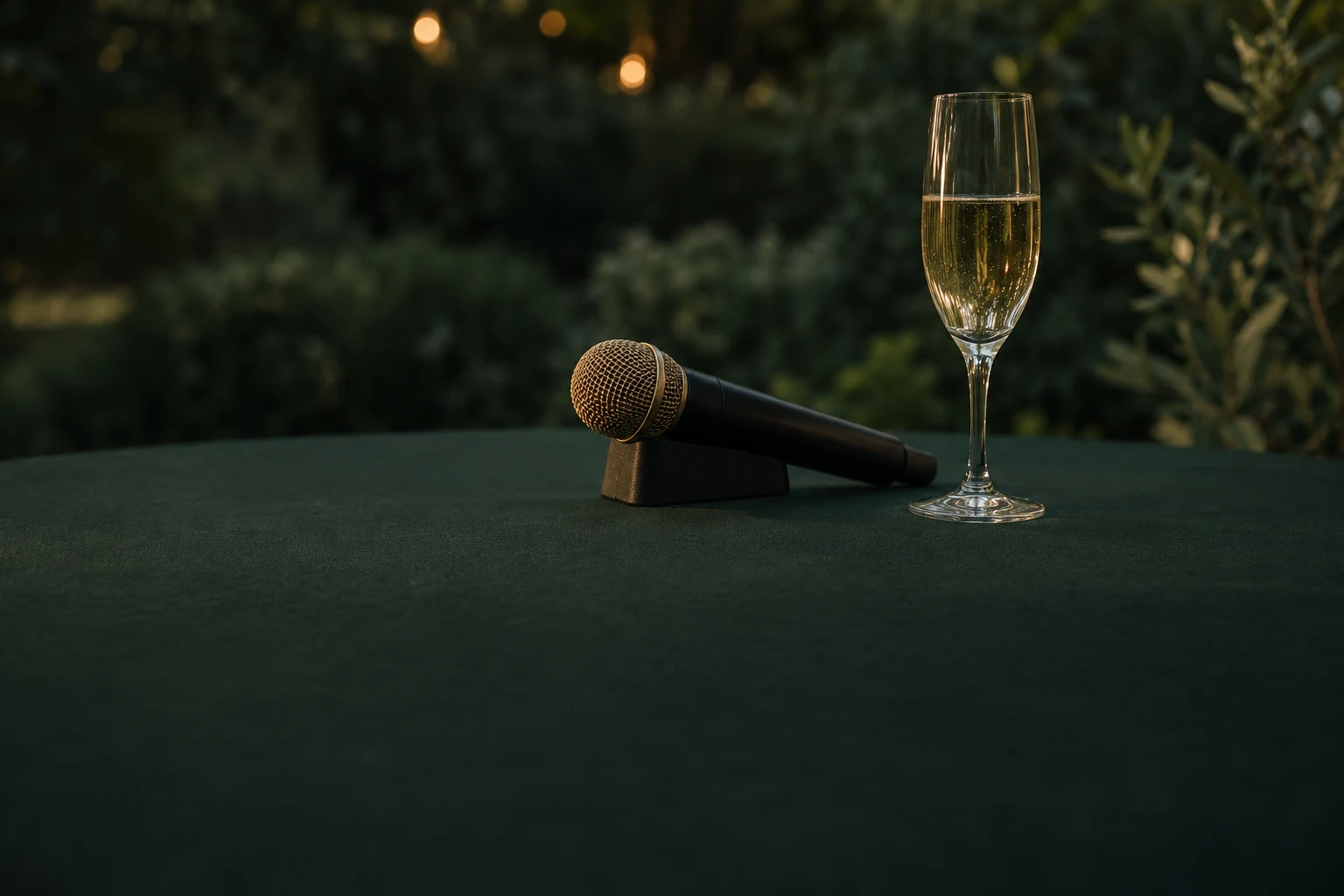 A microphone and a champagne flute on a calm green tabletop, ready for a toast