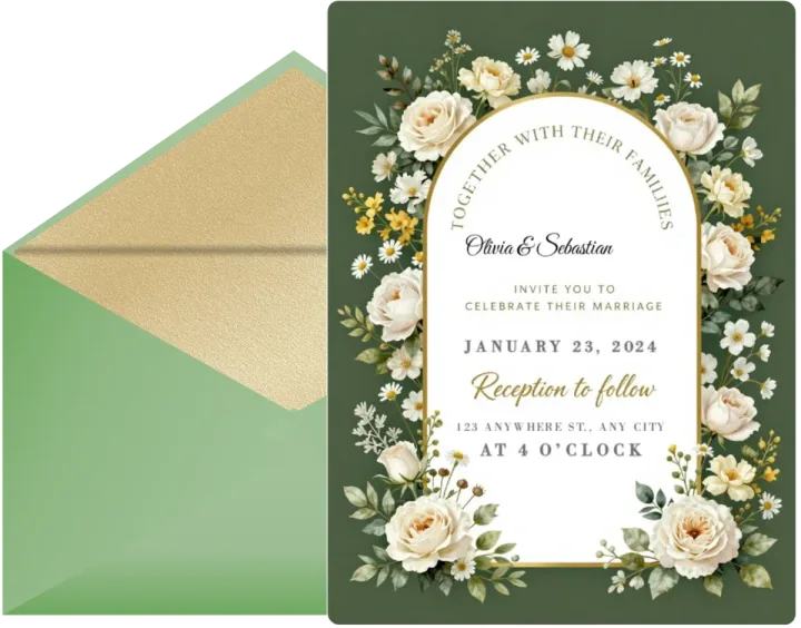 Sage garden-arch wedding invitation with its envelope