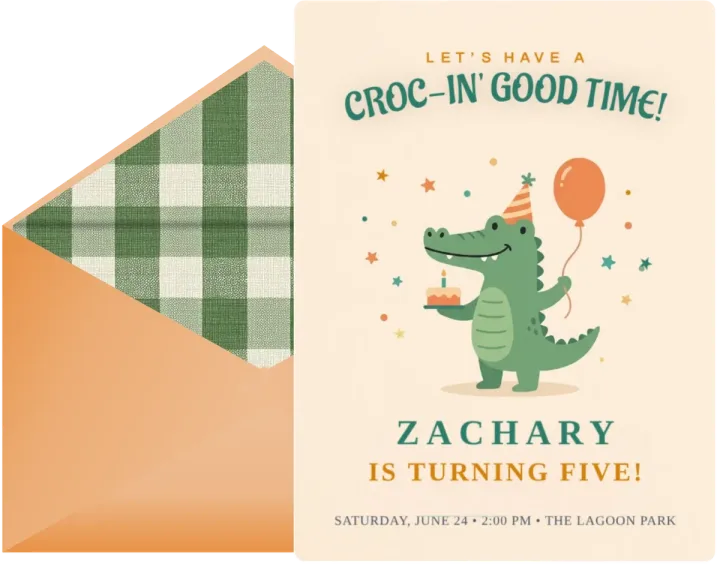 Croc-in’ good time fifth birthday invitation beside a peach envelope with a gingham liner
