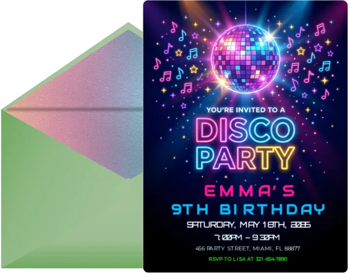 Neon disco party ninth birthday invitation with its envelope