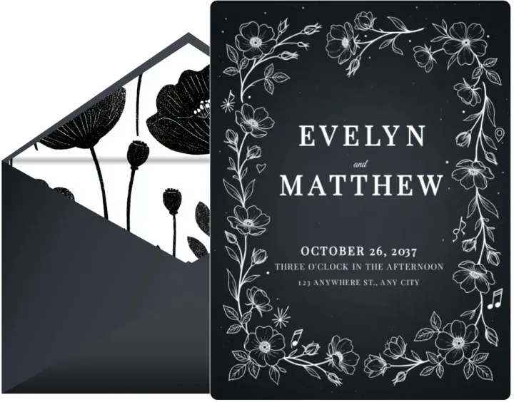 Black floral wedding invitation for Evelyn and Matthew with its envelope